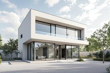 Contemporary house with sleek windows and white facade, minimalistic style, outdoor trees, sunny backdrop. Concept of modern architecture. Ai generative