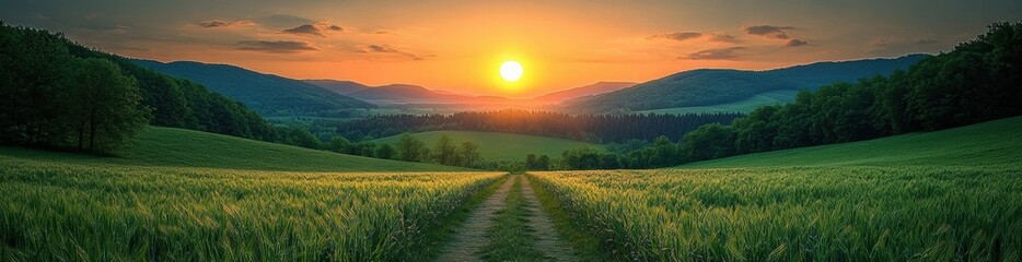 Obraz premium A beautiful sunset over a green field with a path leading through it