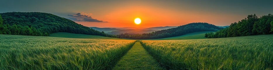 Obraz premium A beautiful sunset over a green field with a path leading through it