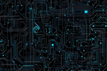 Abstract close-up of a glowing blue digital circuit board, showcasing intricate connections and technological design on a black background.
