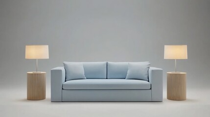 Light blue sofa with two lamps on wooden side tables in a minimalist room.