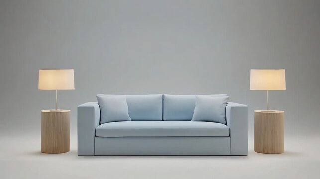 Light blue sofa with two lamps on wooden side tables in a minimalist room.
