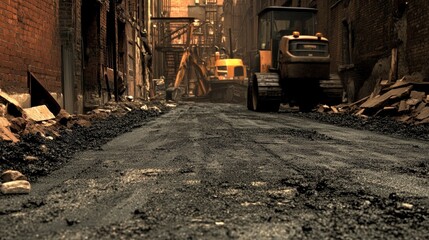 Fototapeta premium A detailed view of freshly laid asphalt on a road under construction, with machinery in the background.