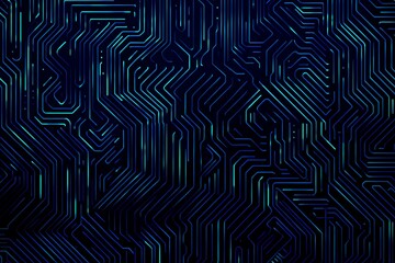 Abstract close-up of a glowing blue digital circuit board, showcasing intricate connections and technological design on a black background.
