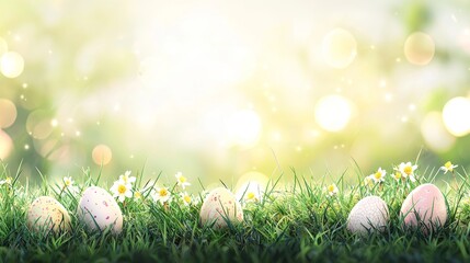 Colorful Easter Eggs with Vibrant Daffodils in Fresh Spring Grass