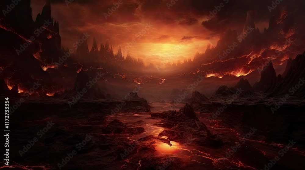 Wall mural a view of fiery hell with towering rocks. 4k animated video