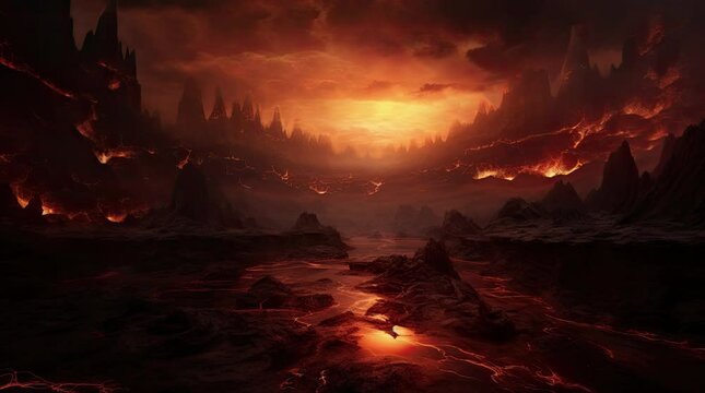 A view of fiery hell with towering rocks. 4k animated video