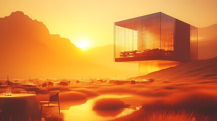 Obraz premium Sunset Restaurant In Glass Cube Mountain Landscape