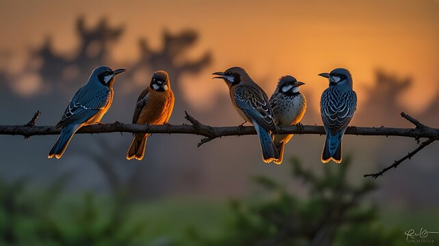 Birds perched on a branch at dawn