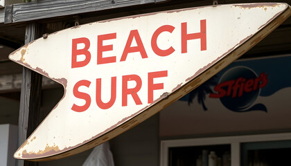 Obraz premium aged and worn vintage photo of beach surfing sign, photo, with white tones