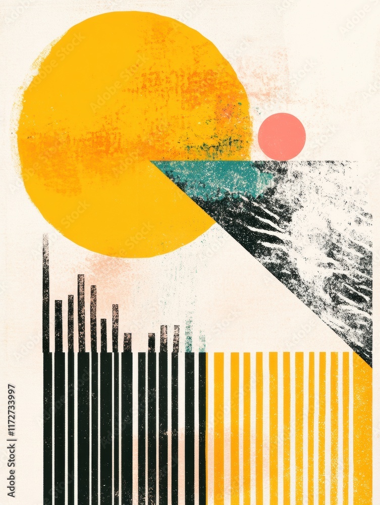 Poster retro risograph style artwork featuring abstract geometric shapes with vibrant colors and textured e