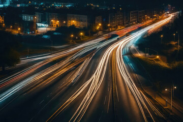 Obraz premium Long-exposure light trails over night city highway roads.