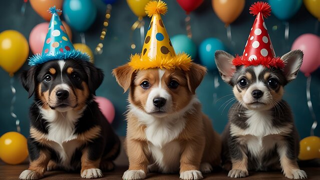 Cute animals wearing party hats