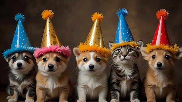 Cute animals wearing party hats