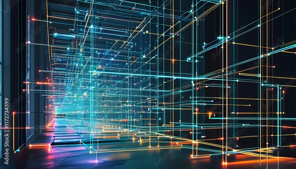 Poster futuristic digital abstraction with grid and light patterns representing cyberspace and technology