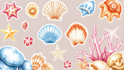 Bright set of sea shells and coral. Watercolor illustration, sticker style, with white tones