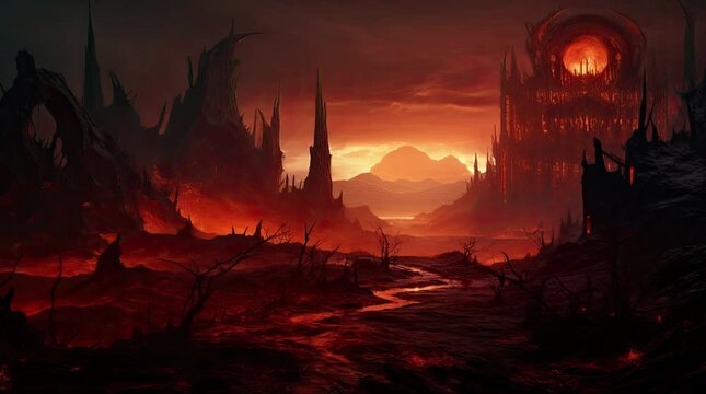 A view of hell with a terrifying fiery building. 4k animated video