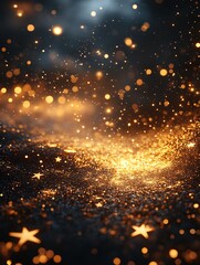 Obraz premium Golden Stardust: A Close-Up Photo of Sparkling Glitter, Mysteriously Illuminated. AI Generated