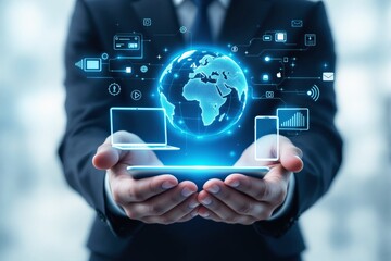 Businessman holding digital holographic globe with icons of devices, on blue background, symbolizing technology and global connectivity. Ai generative