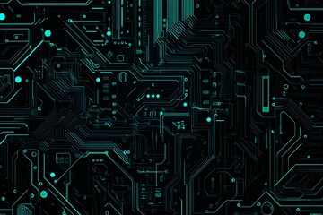 Abstract close-up of a glowing blue digital circuit board, showcasing intricate connections and technological design on a black background.
