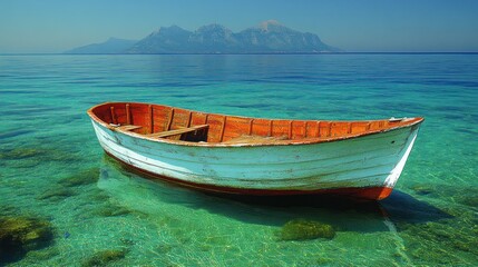 Naklejka premium Tranquil boat in clear turquoise water, mountains backdrop, summer day, travel postcard.