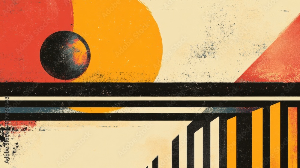 Poster Colorful retro risograph artwork featuring abstract geometric shapes and contrasting colors. Generative AI