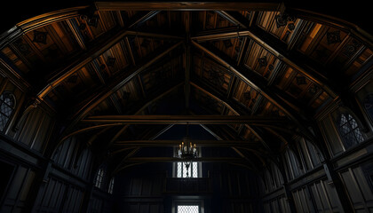 Obraz premium Dark victorian ceiling in gothic castle hall interior with wooden walls, beams and gloomy atmosphere, with white tones