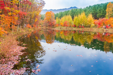 Reflected Color Lake in autumn in the Laobiangou tourist area of Benxi, China