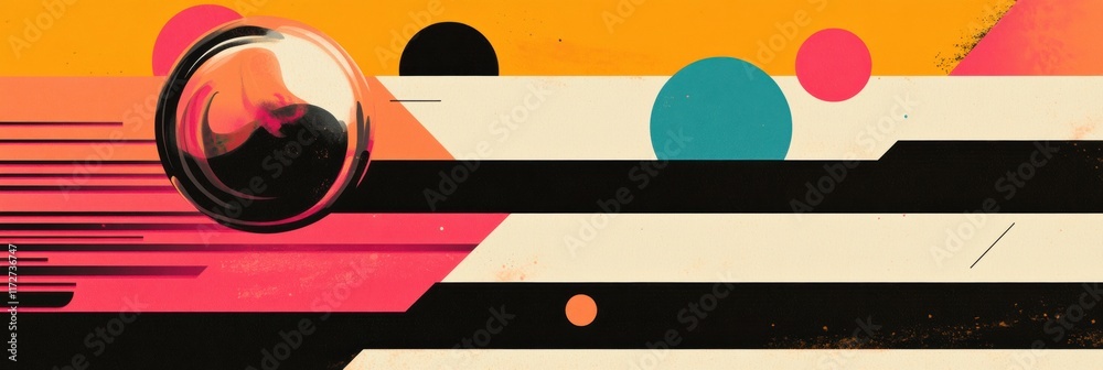 Poster vibrant retro risograph artwork featuring geometric shapes and bold colors in abstract composition. 