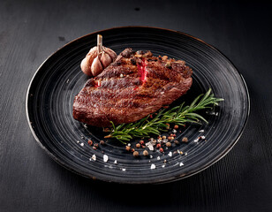 Grilled sliced Beef Steak with tomatoes and rosemary on a plate Isolated on white background top view