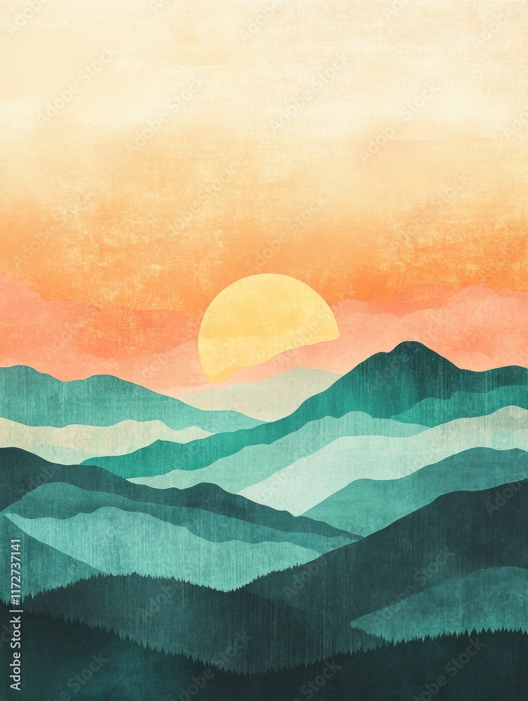 Poster sunset over rolling hills with a retro risograph aesthetic capturing mountain tranquility and vibran