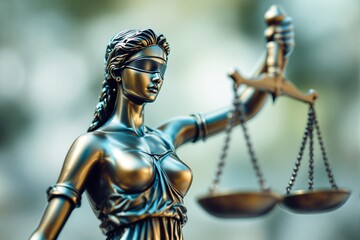Statue of Lady Justice holding scales, metallic style, blurred outdoor background, concept of fairness and law. Ai generative