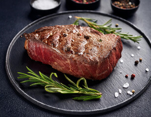Grilled sliced Beef Steak with tomatoes and rosemary on a plate Isolated on white background top view