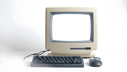 Fototapeta premium Old Desktop Computer with a Blank White Screen Monitor, Keyboard and Mouse Isolated, blurry foreground