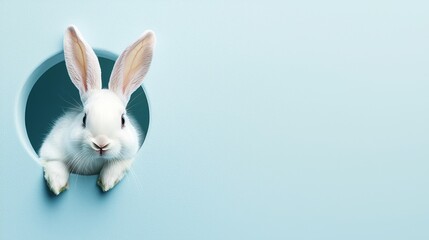Obraz premium Adorable Bunny Popping Out Against a Minimal Pastel Blue Easter Background