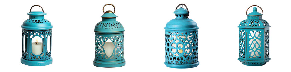 Set of ornate turquoise blue metal lanterns with intricate cutout patterns designed to hold candles and create a warm cozy ambiance for home decor patio garden or special events and