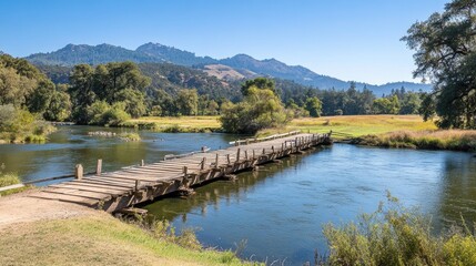 Obraz premium A rustic wooden bridge in the early stages of construction over a calm river.