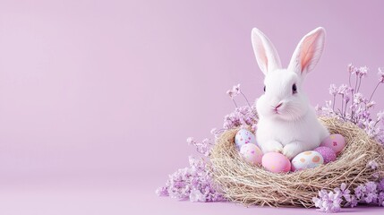 Fototapeta premium Easter Bunny with Colorful Eggs in a Nest on a Lavender Background