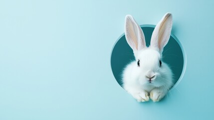 Obraz premium Adorable Bunny Popping Out Against a Minimal Pastel Blue Easter Background