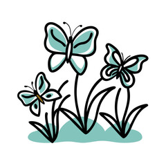 Butterflies and grass illustration with teal accents.