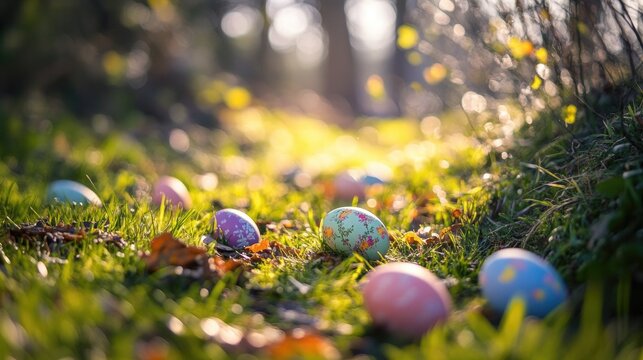 A scenic forest trail with hidden Easter eggs among the greenery and fallen leaves.