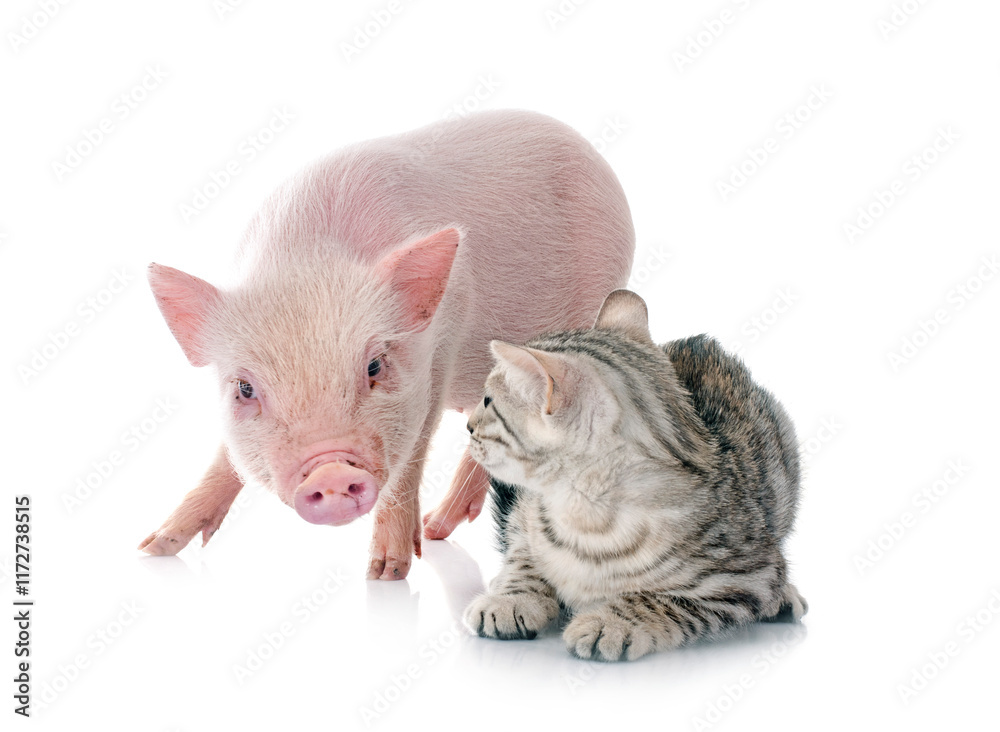 Wall mural miniature pig and kitten