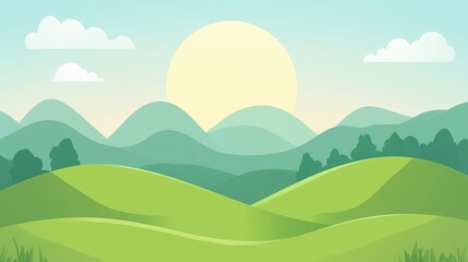 A scenic landscape of rolling green hills under a bright summer sky.