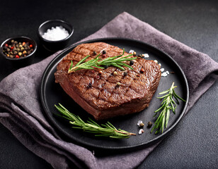 Grilled sliced Beef Steak with tomatoes and rosemary on a plate Isolated on white background top view