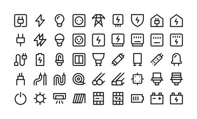 Electricity UI icons set. Set of electric power, led lamp, electrical panel, electricity meter box, wire, cable, cord, plug, battery, energy vector symbols with editable stroke