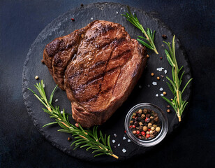 Grilled sliced Beef Steak with tomatoes and rosemary on a plate Isolated on white background top...