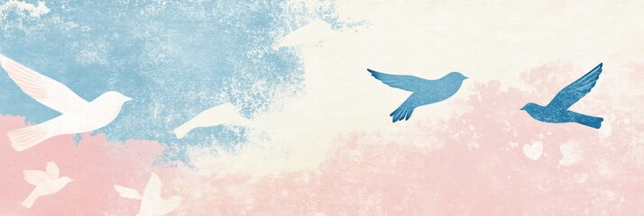 Fototapeta premium Colorful birds in flight against a soft pastel sky in retro risograph style. Generative AI