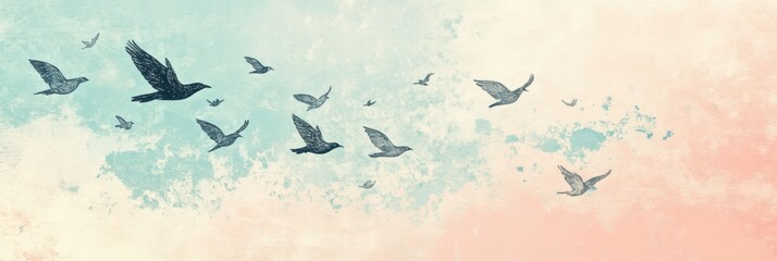 Birds take flight across a pastel sky showcasing retro risograph style from a tranquil afternoon setting. Generative AI