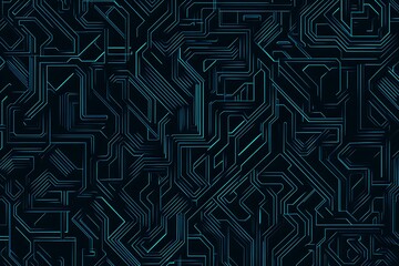 Abstract close-up of a glowing blue digital circuit board, showcasing intricate connections and technological design on a black background.
