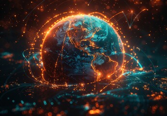 Obraz premium A glowing planet with a network of lines surrounding it